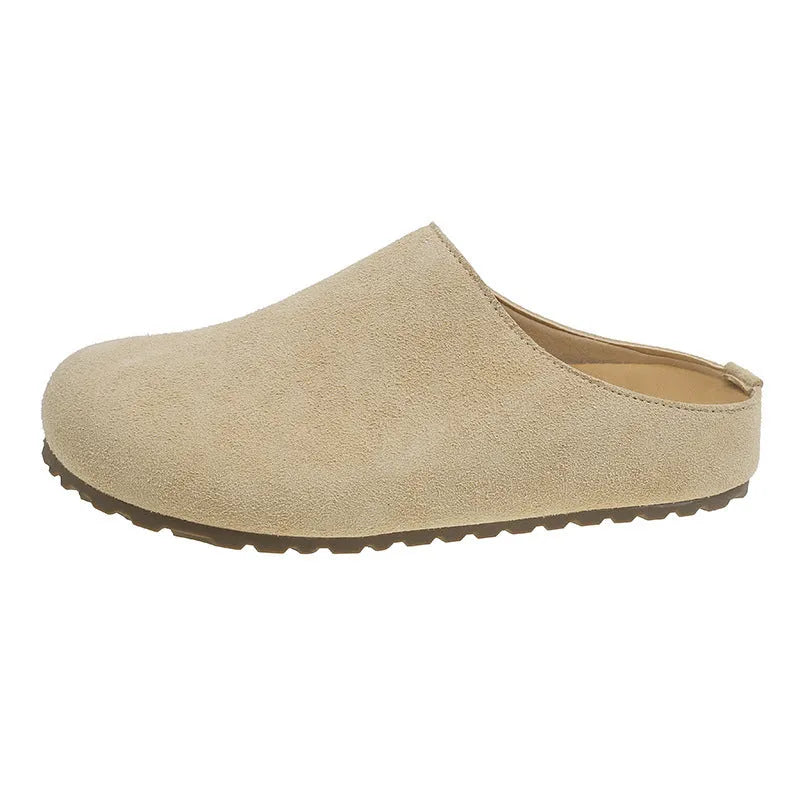 Korean style slip-on slippers in apricot colour with flat soft sole and microfiber upper