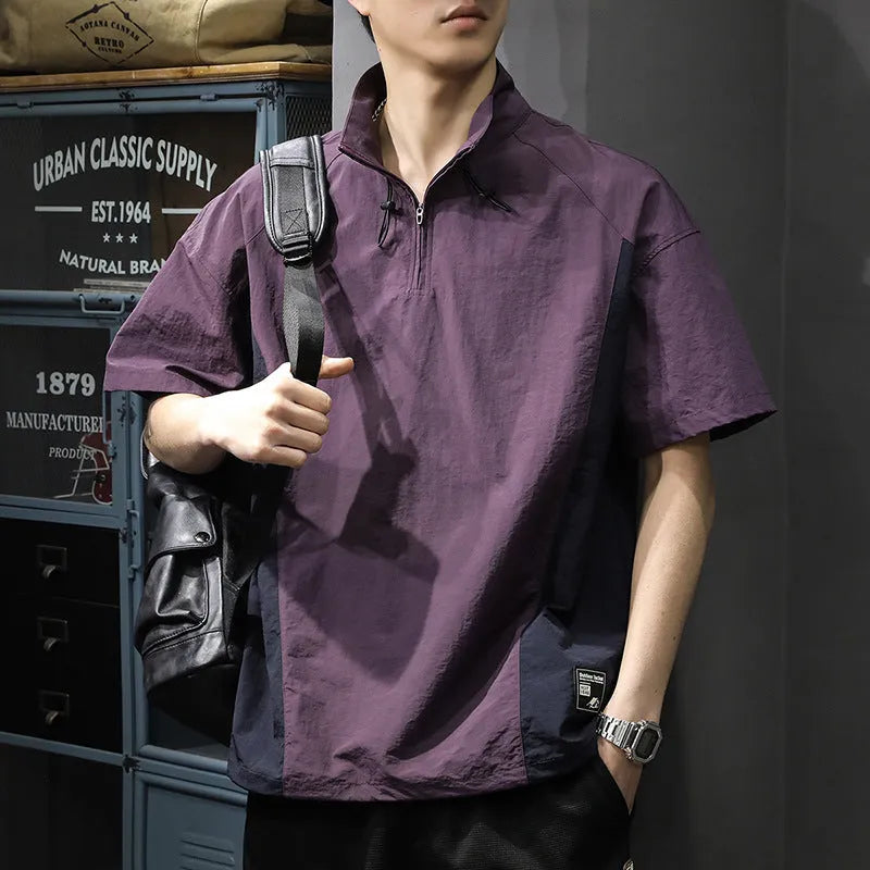 Men's brown half-zipped stand collar business shirt with short sleeves on hanger