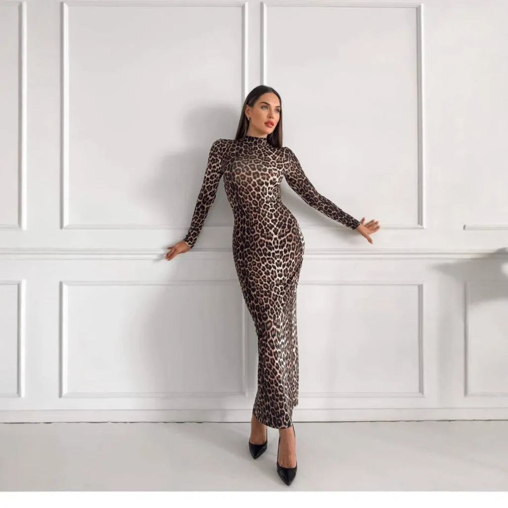 Leopard print long dress with stand collar and long sleeves in milk silk polyester fabric