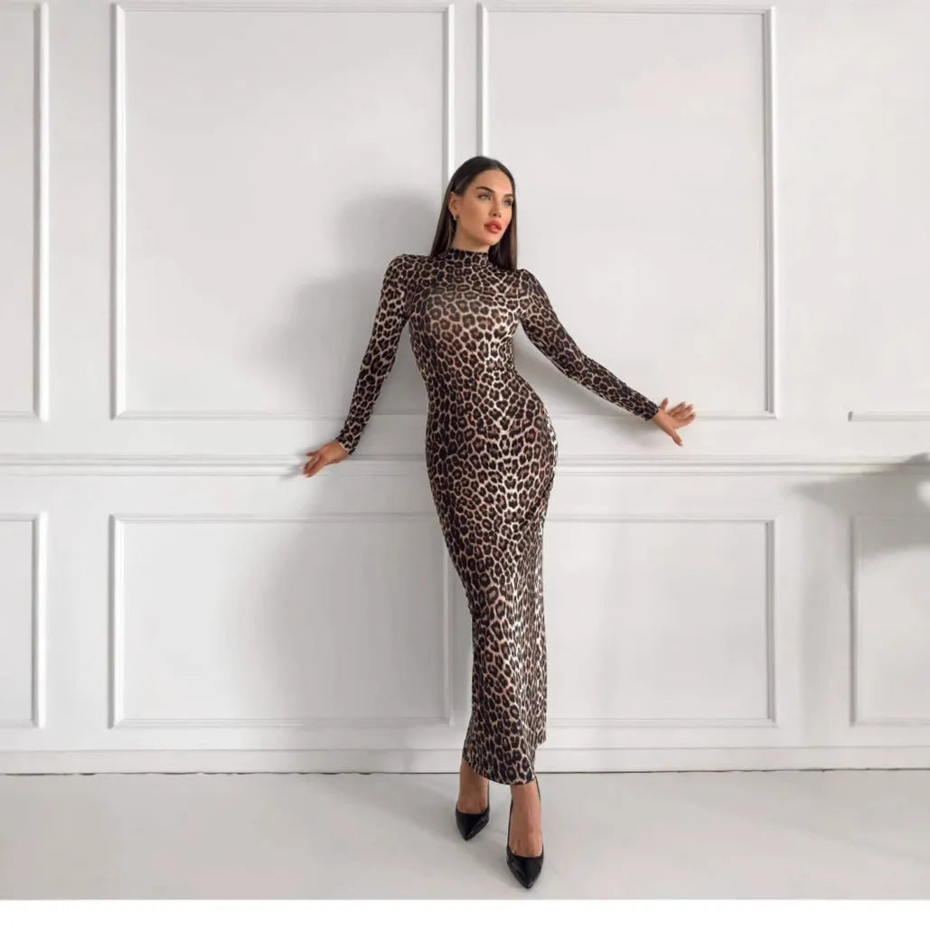 Leopard print long dress with stand collar and long sleeves in milk silk polyester fabric