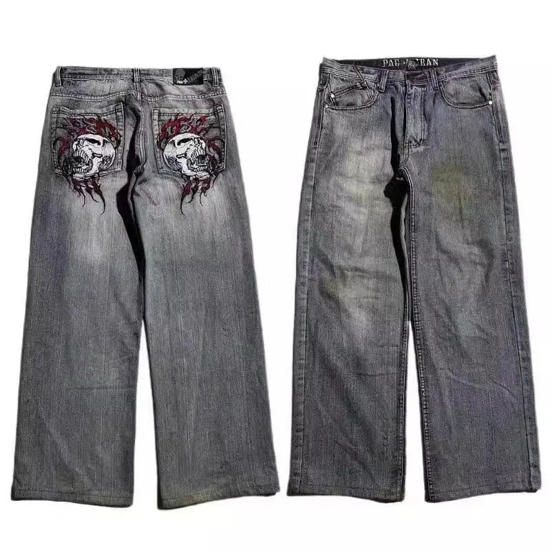 Men's grey retro washed-out jeans with wide-leg workwear design and straight-leg styling