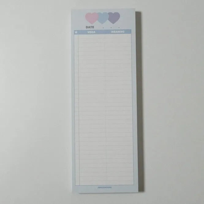 Vertical format English learning notepad with B5 half-size pages in choice of pink, purple or blue covers