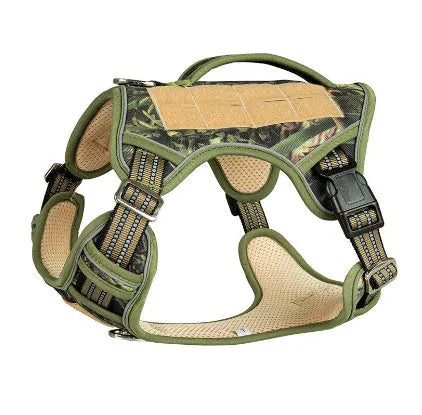 Search and rescue patrol working dog wearing tactical chest strap harness in olive green Oxford cloth