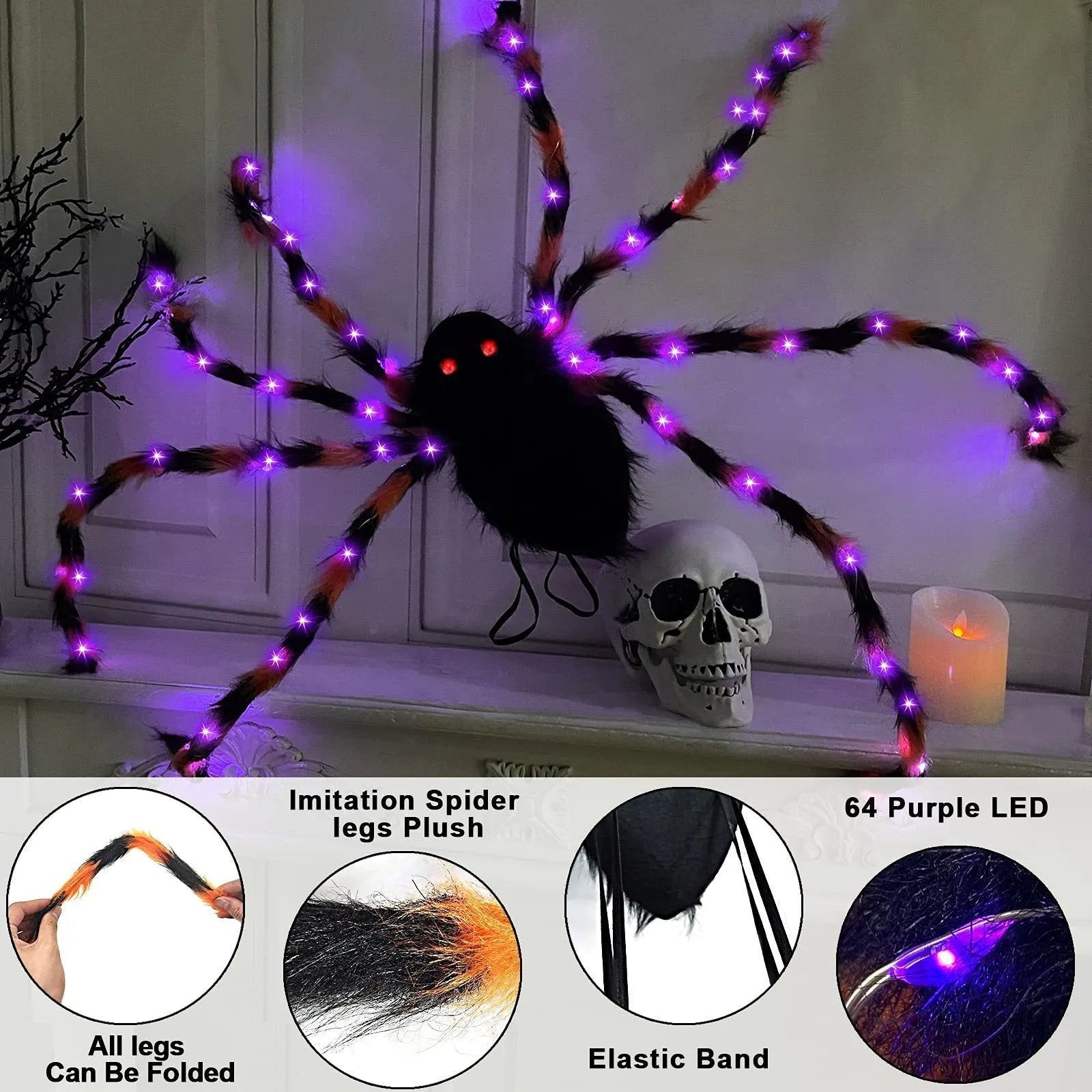 Halloween spider backpack with LED lights and plush sugar bag design in multiple colours