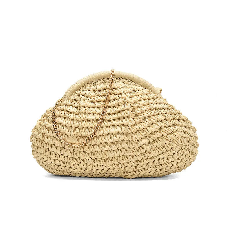 Women's shell-shaped straw shoulder bag with chain strap in khaki colour showing zippered internal pocket
