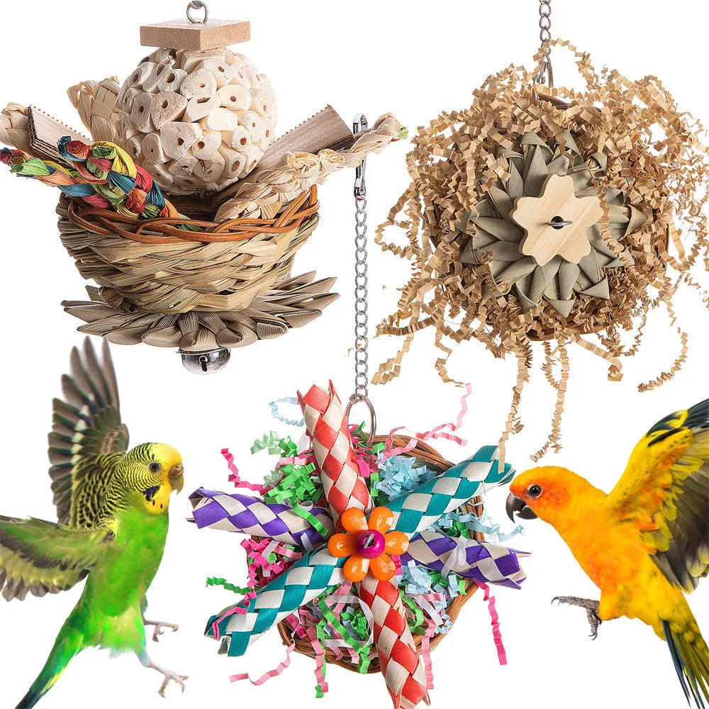 Three parrot gnawing toys of different weights for beak health and cage enrichment