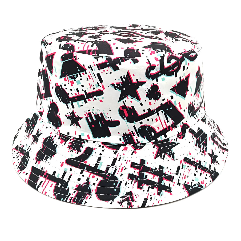 Retro musical note print bucket hat on a white background, dome crown, M size 56-58cm.