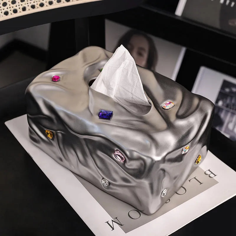 Gem party design ceramic tissue box in matte coconut milk white and matte silver electroplated finishes