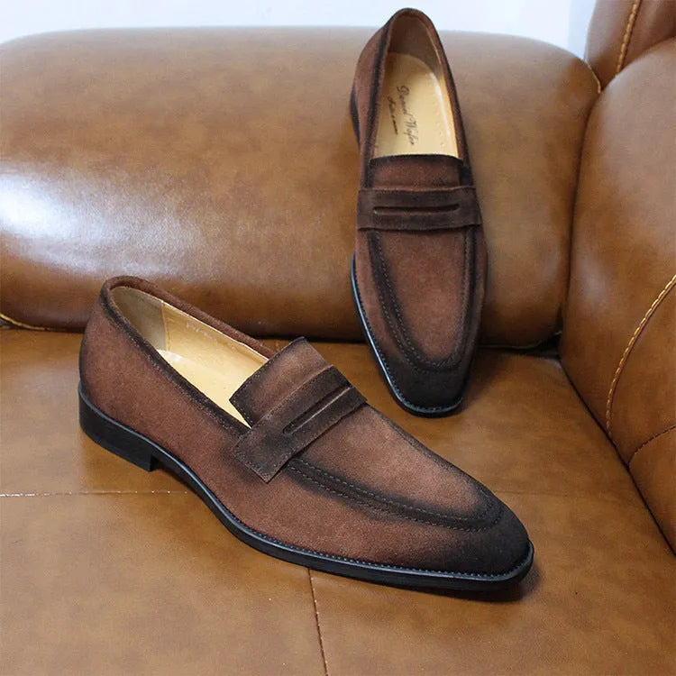 Men's cowhide leather slip-on casual shoes with rubber sole, black or brown, sizes 39 to 46