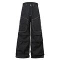 Black multi-pocket pleated workwear jeans in cotton denim fabric with zip fly closure