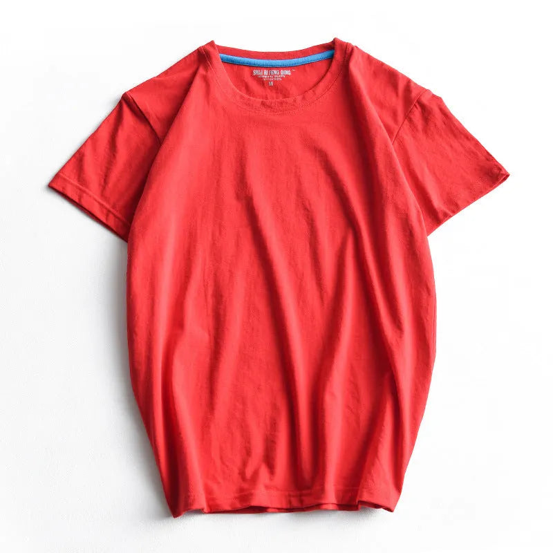 Men's solid colour combed cotton round neck T-shirt on a hanger