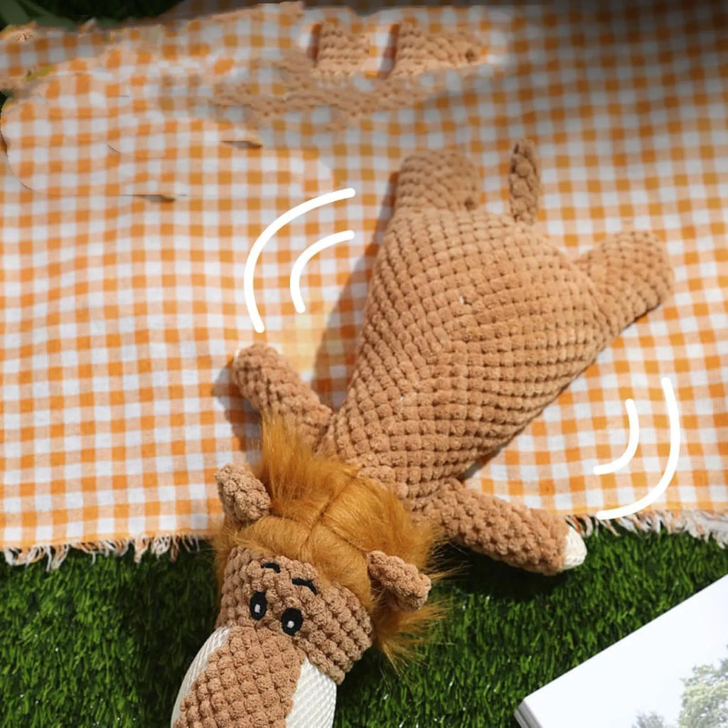Plush dog chew toy with corn kernel texture and animal shape in green, grey, or yellow colours