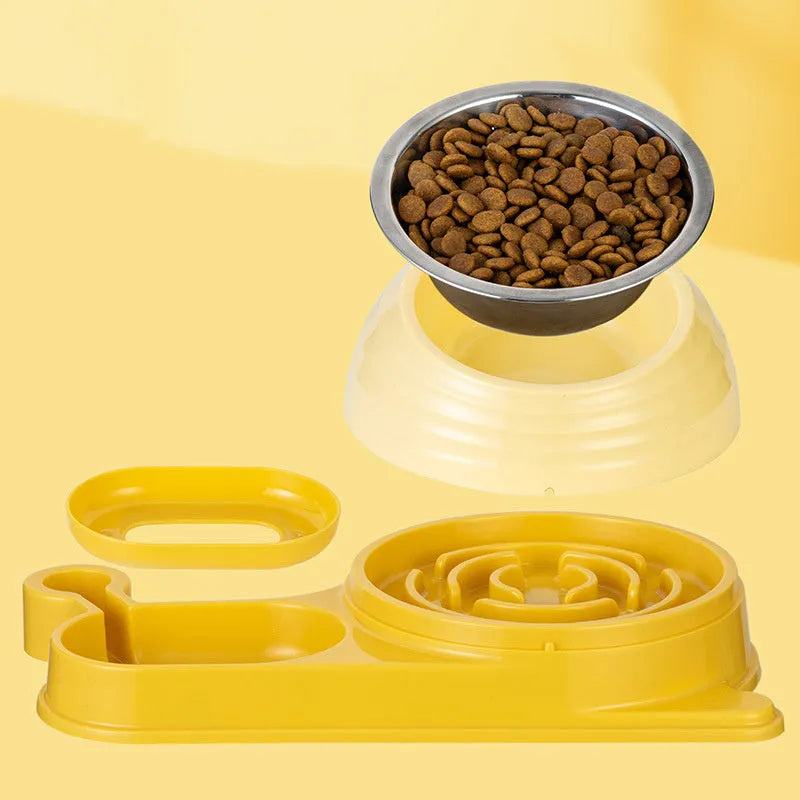 Brown elevated pet food and water bowl set with a large automatic water dispenser bottle.