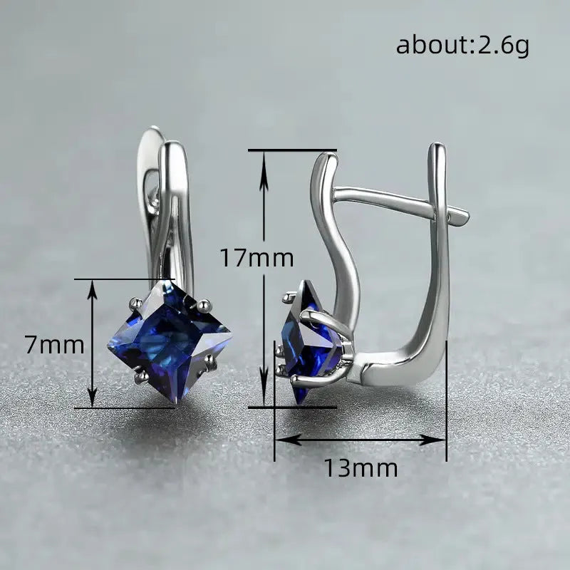 Copper women's earrings with diamond design featuring inlaid zircon stones in blue, colour, and green options