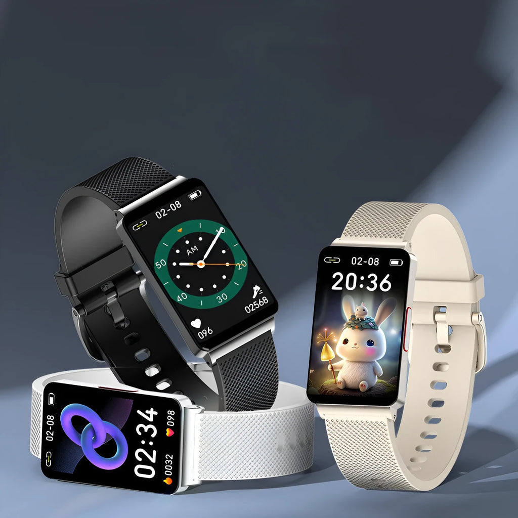 EP08 blood glucose smart bracelet with TPU strap on wrist showing touchscreen display
