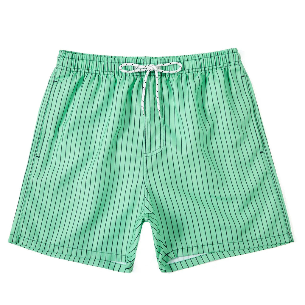 Men's striped beach shorts in navy blue, showing straight leg opening and casual fit.