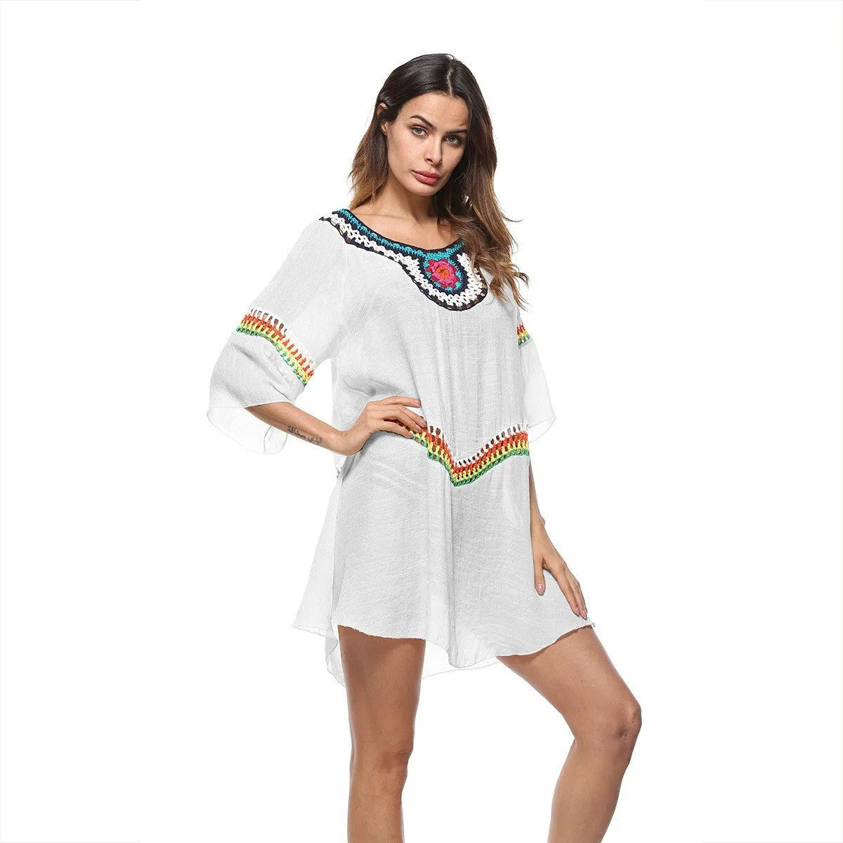 Crocheted ethnic style sun protection top in white colour for beachwear