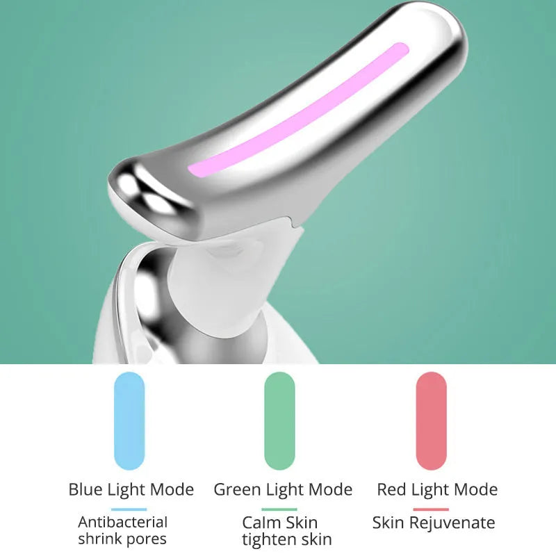 White EMS thermal neck lifting massager device with LED lights, shown with USB cable and moisturiser.