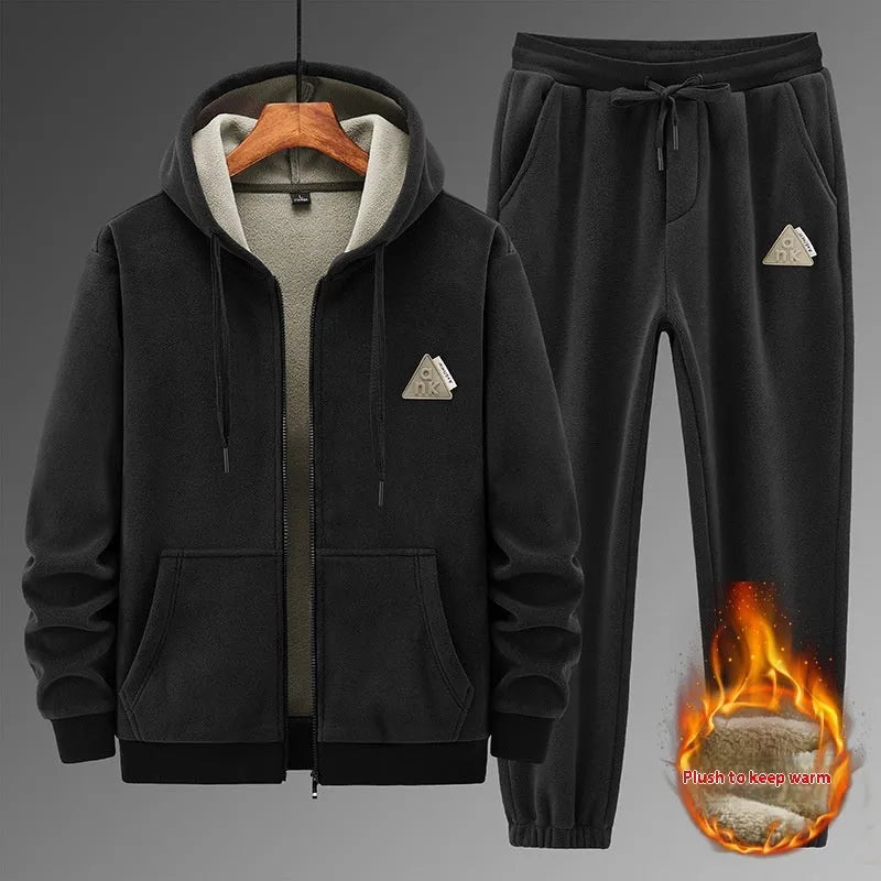 Grey cashmere hooded sports suit with cotton pants laid flat.