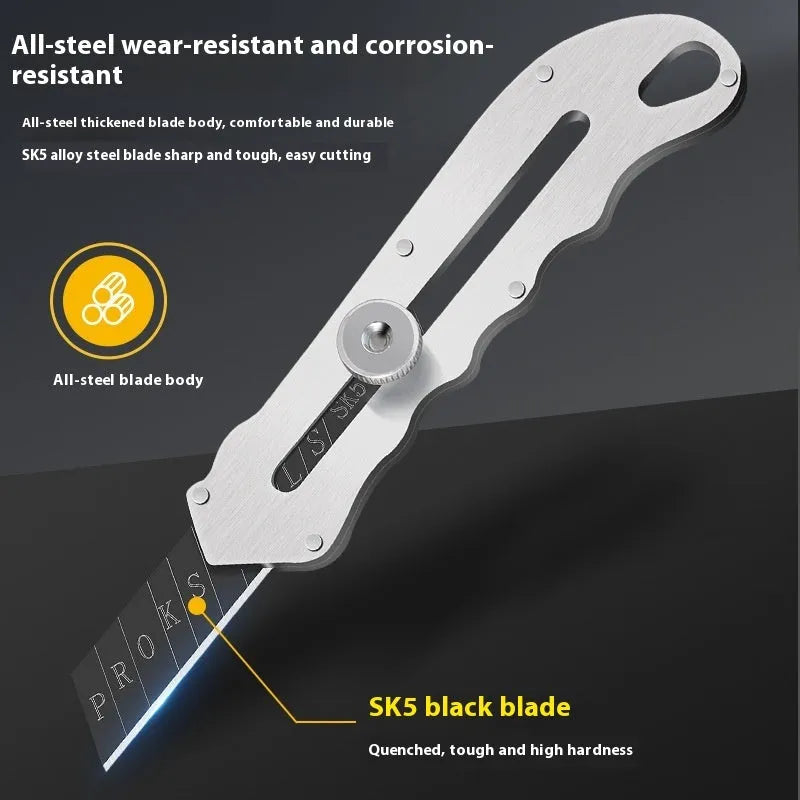 Stainless steel folding utility art knife with black blade, shown with long and trapezoidal blades.