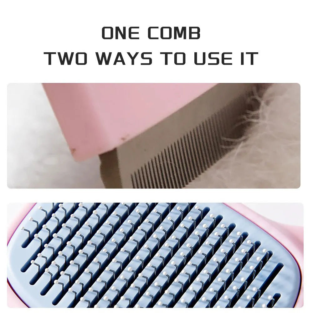 Blue and green dual-sided pet grooming brush showing deshedding rake and dematting comb.