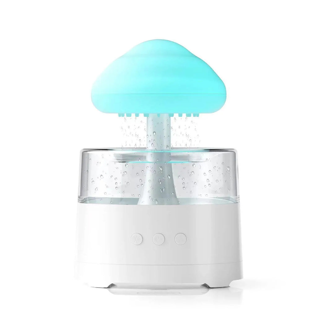 White mushroom cloud resin aroma diffuser and USB humidifier with colourful light on a desktop