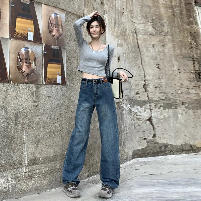Women's retro blue straight-leg jeans with high waist design in three length variations