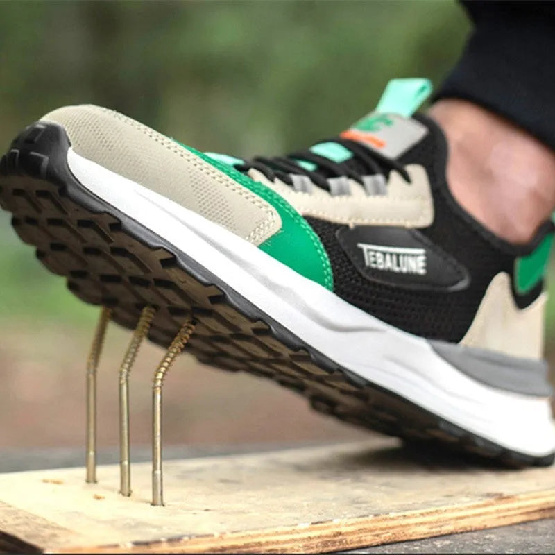 Black green safety shoes with mesh upper and plastic steel toe cap on TPU sole
