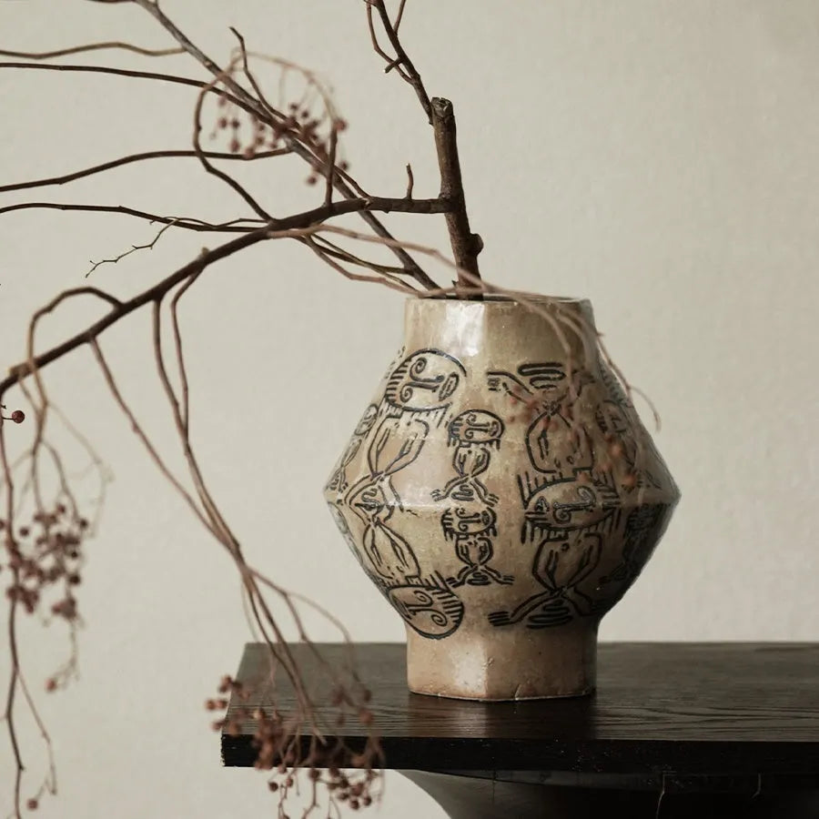 Hand-painted ceramic cylindrical table vase with carved religious and symbolic tribal totem flower patterns in large or small size