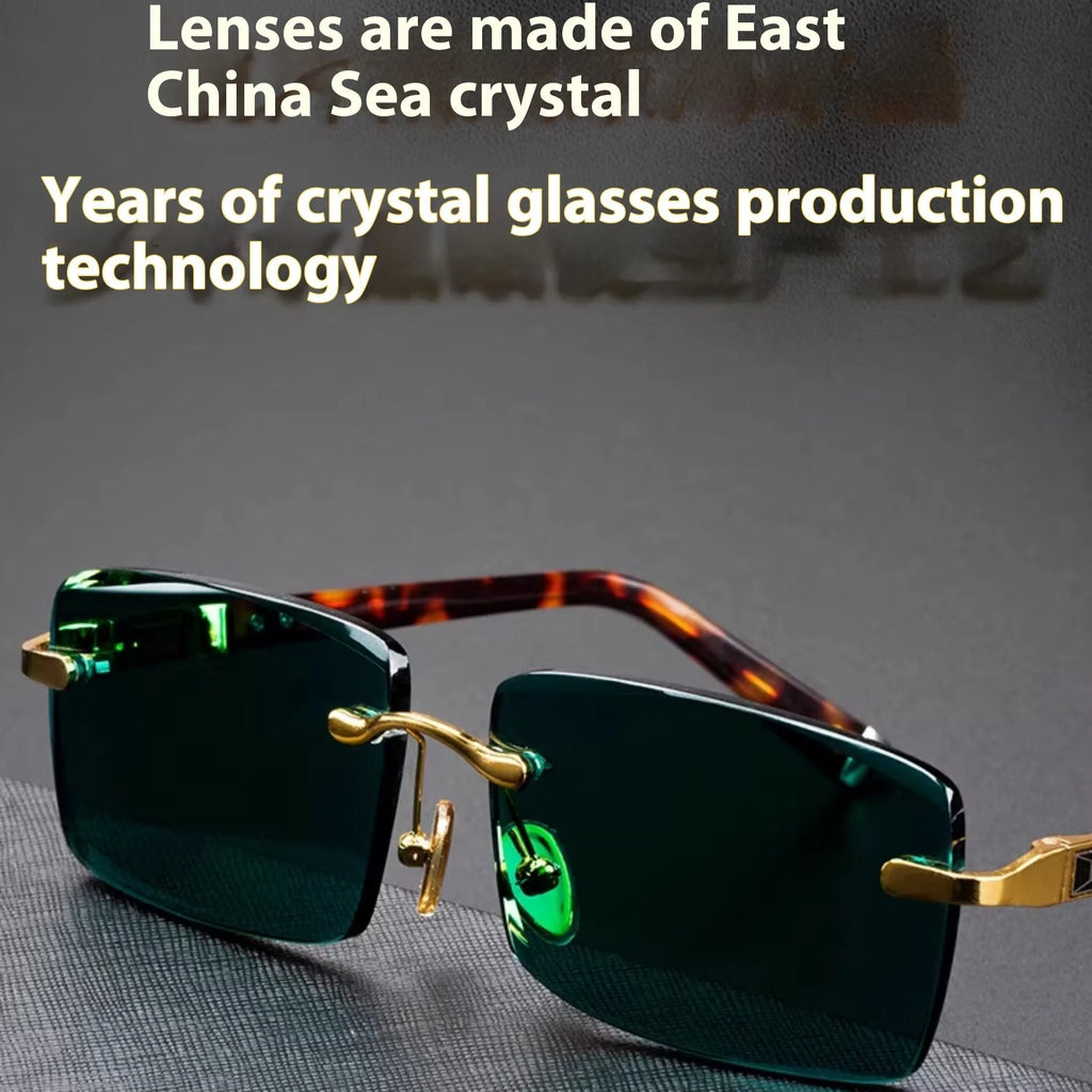 Frameless dark green crystal sunshade glasses with protective case and cleaning cloth