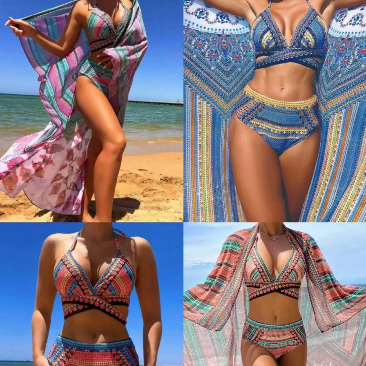 Women's cross bandage bikini three-piece swimsuit set with high-waisted bottoms and smock veil