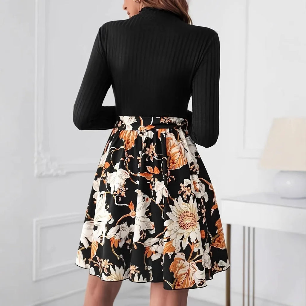 Black long sleeve round neck belt dress with plant and flower print, A-line high waist skirt, sizes S to XL