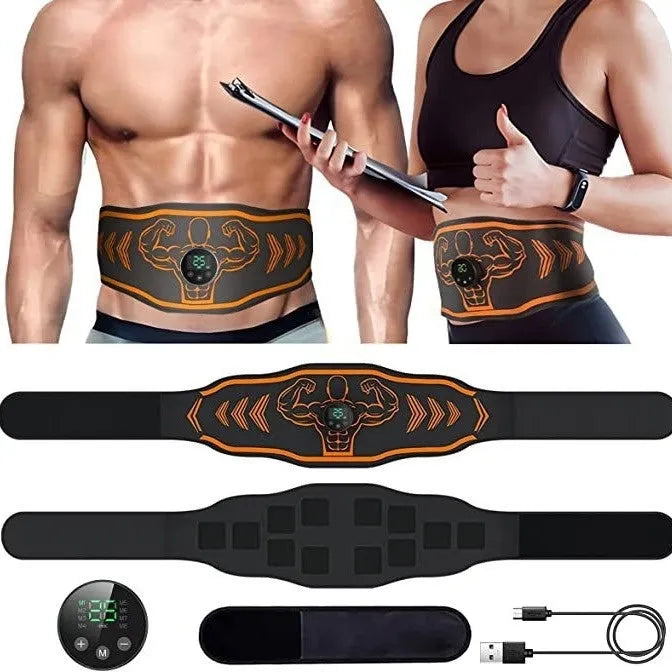 Orange and blue EMS smart massage belt sets with control host, main belt, and arm electrode pads.