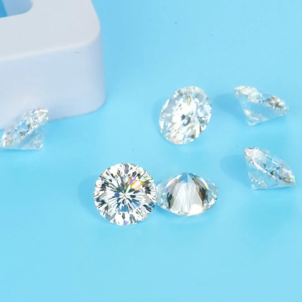 Round moissanite stone with eight hearts eight arrows cut showing polished surface and clarity