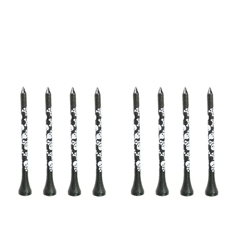 Black bamboo golf dowel pins with skull print in 70mm and 83mm sizes, 10-piece pack