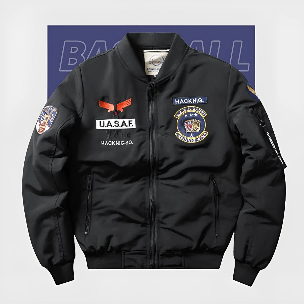 Men's slim-fit black retro embroidered cotton-padded coat with a stand collar.