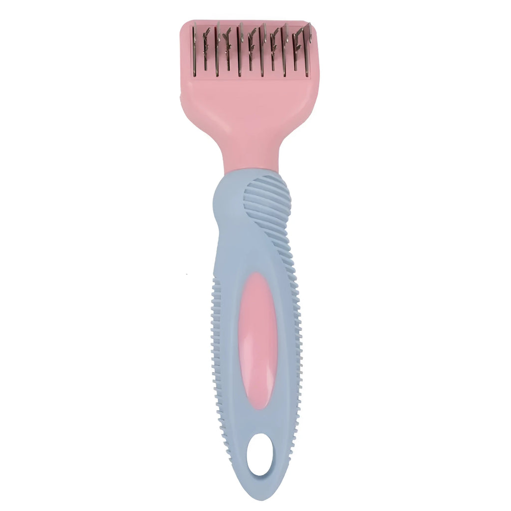 Stainless steel pet grooming comb with knot removal blade and massage tips in pink colour