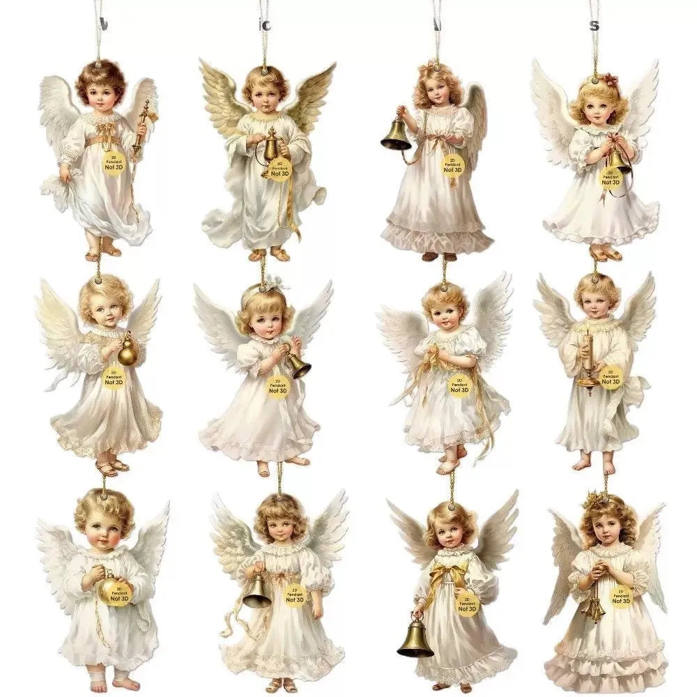 12-piece Victoria Angel wooden ornaments set in natural wood colour, density plate pendants for Christmas and party decoration