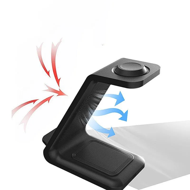 White 3-in-1 dual coil wireless charging stand holding a mobile phone upright on a desk.