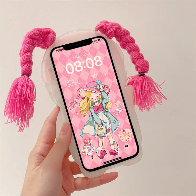 Pink and green silicone iPhone case with summer braid swimsuit girl cartoon design