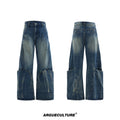 Men's verdant blue retro washed loose fit jeans with burst pattern and curved knife detail.