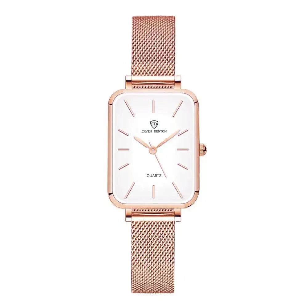 Women's waterproof quartz watch with woven steel band and alloy case in rose gold or silver