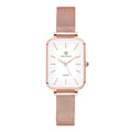 Women's waterproof quartz watch with woven steel band and alloy case in rose gold or silver