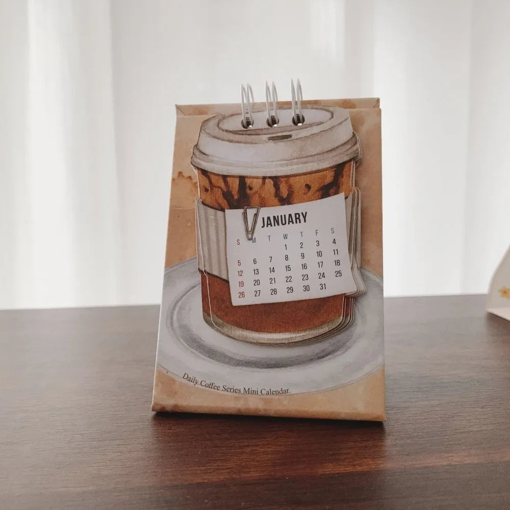 Coffee mini desk calendar 2025 showing modern paper design with monthly date display