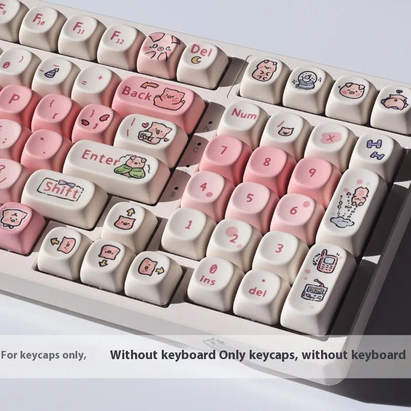 Close up of pink fragrant pig PBT keycap with MOA height profile showing five-sided sublimation design