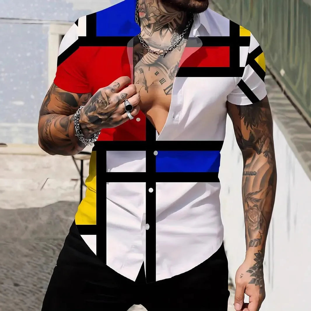 Men's slim fit short sleeve shirt featuring a geometric line style print on the lapel.
