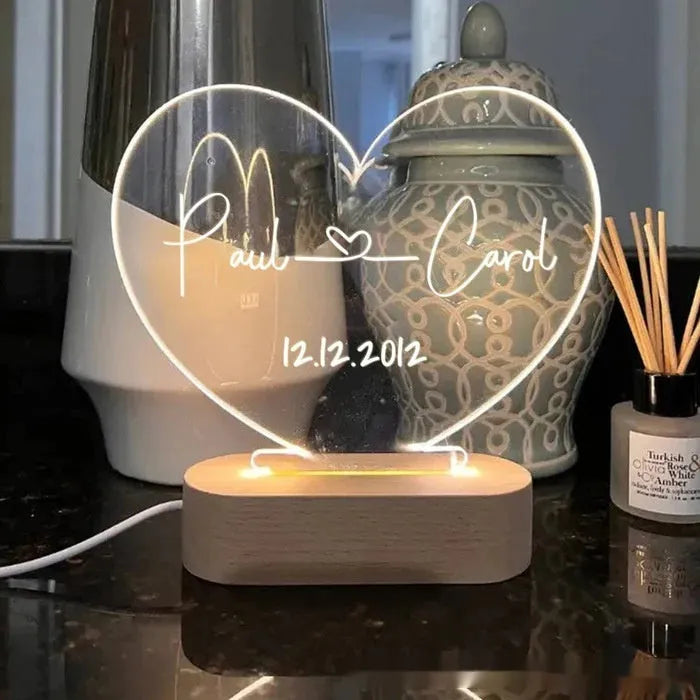 Custom acrylic night light with illuminated names and date for Valentine's gift