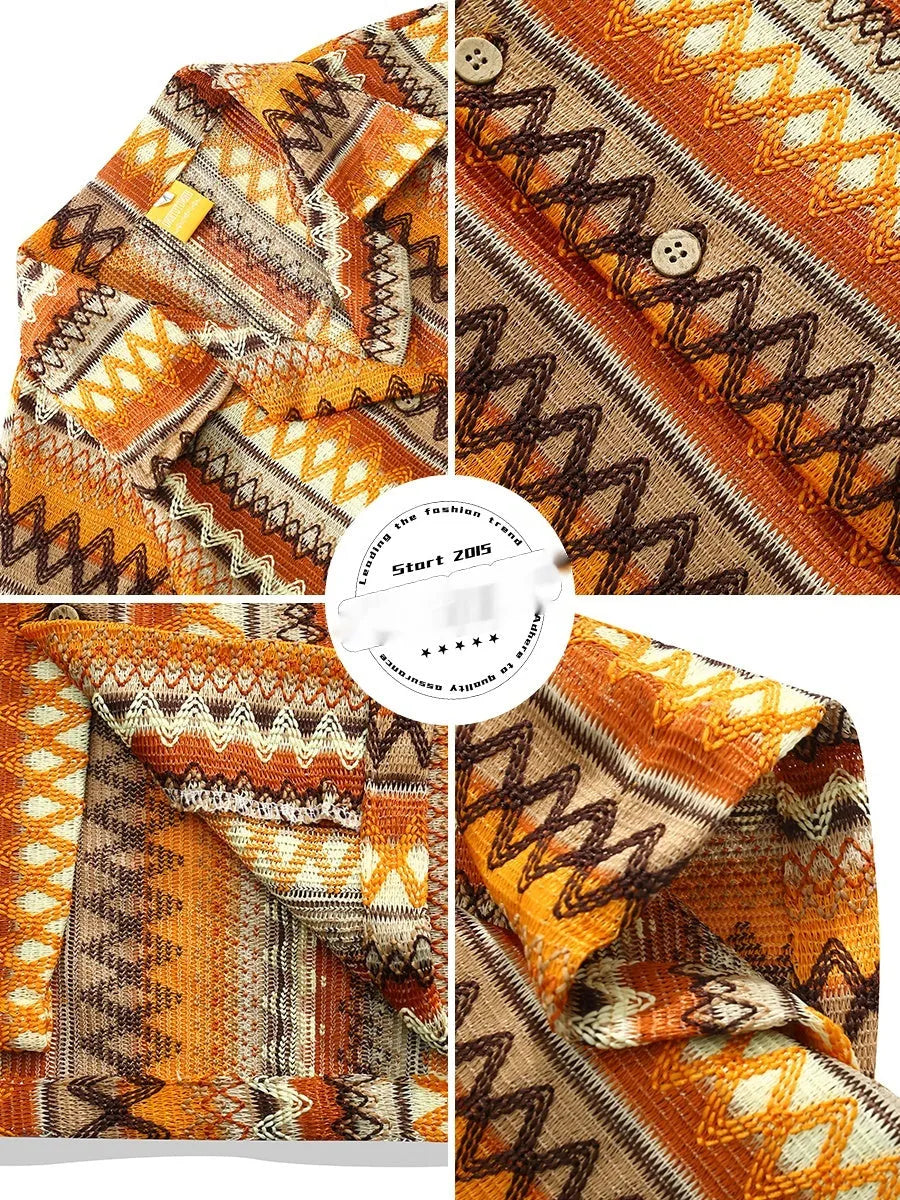 Ethnic woven shirt with Cuban collar and colour matching design in loose fit with drop shoulders