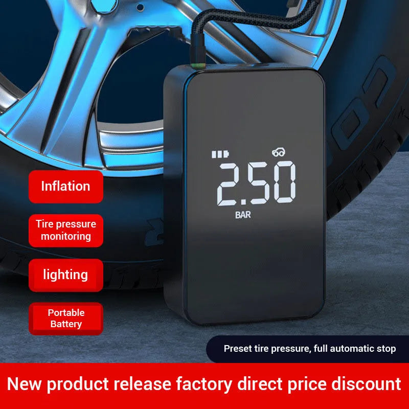 Wireless digital display air pump with hose and nozzles on a flannelette bag