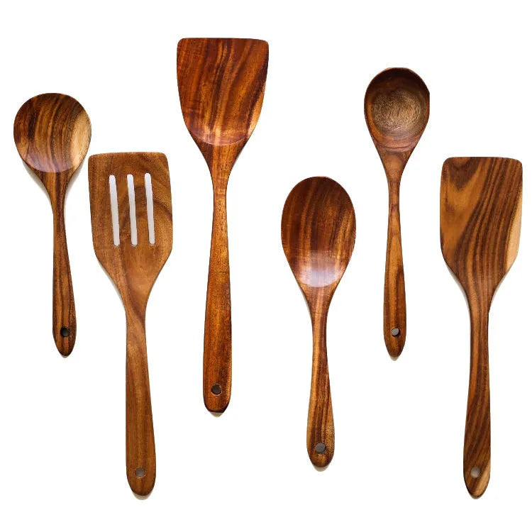 Wooden cooking utensils 7-piece set with non-slip handles for non-stick pans